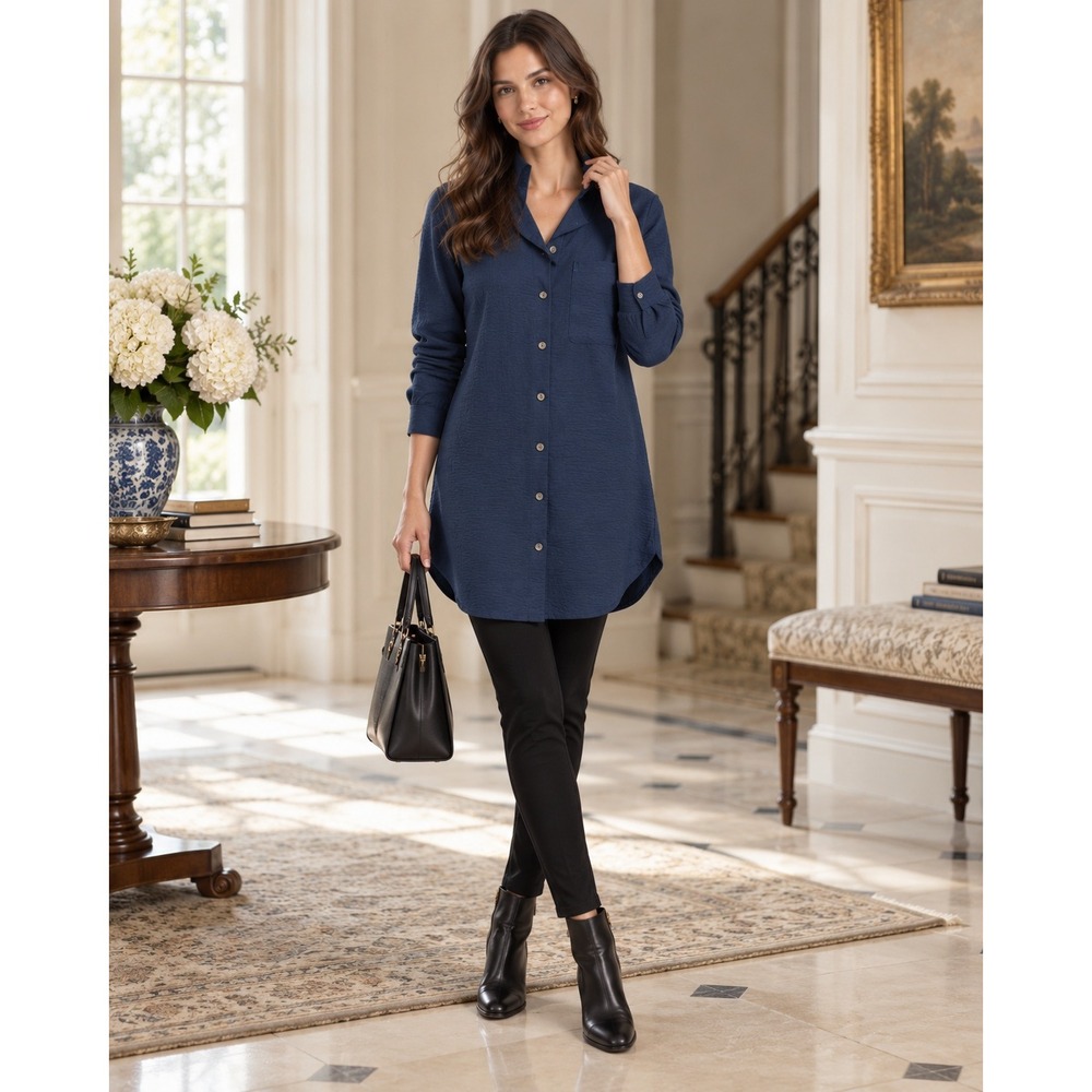 DKNY Womens Navy Blue Textured Crepe Button Down Tunic Shirt Size 12 Longline